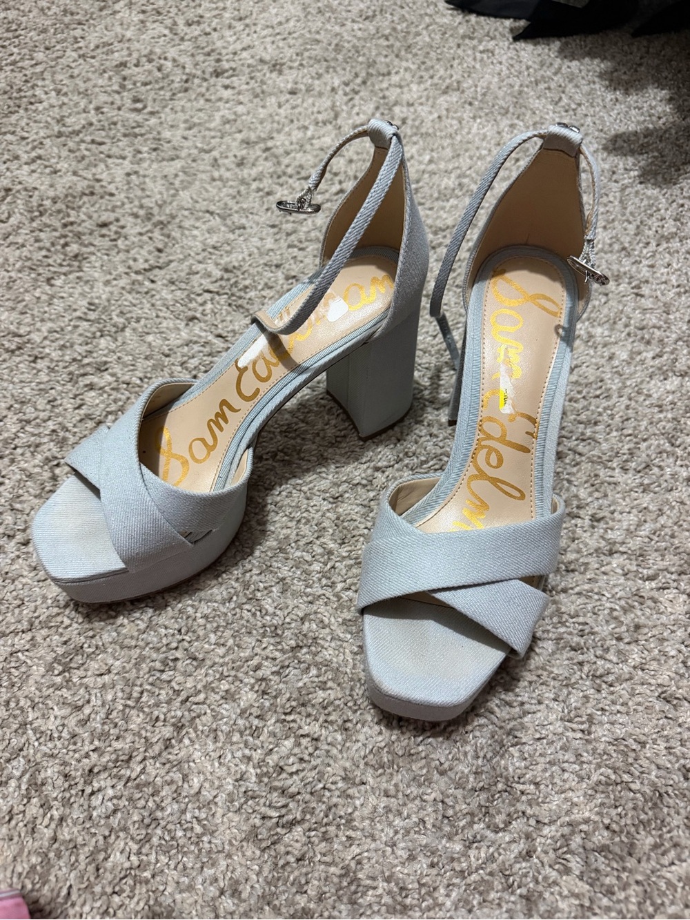 Sam Edelman Pale Gray Cross-Front Platform Block Heel Sandals